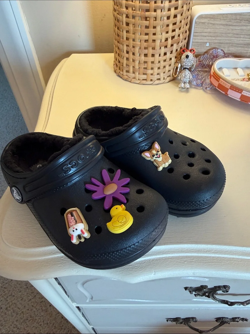CROCS Kids Black Fuzzy-Lined Clogs with Colorful Charms